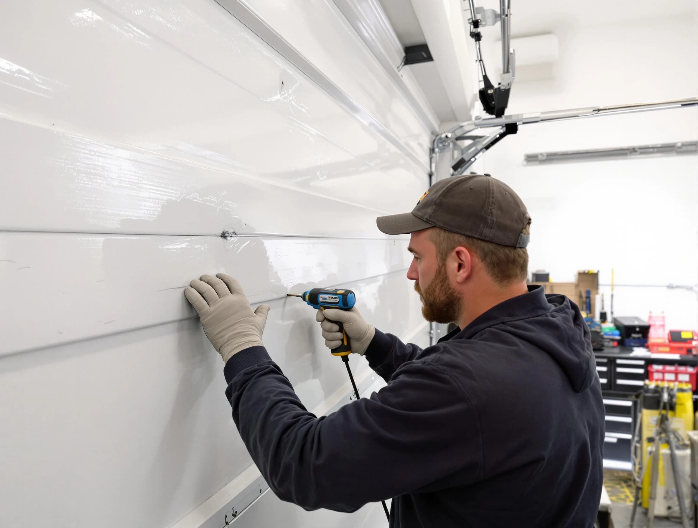 Gilbert Garage Door Repair technician demonstrating precision dent removal techniques on a Gilbert garage door